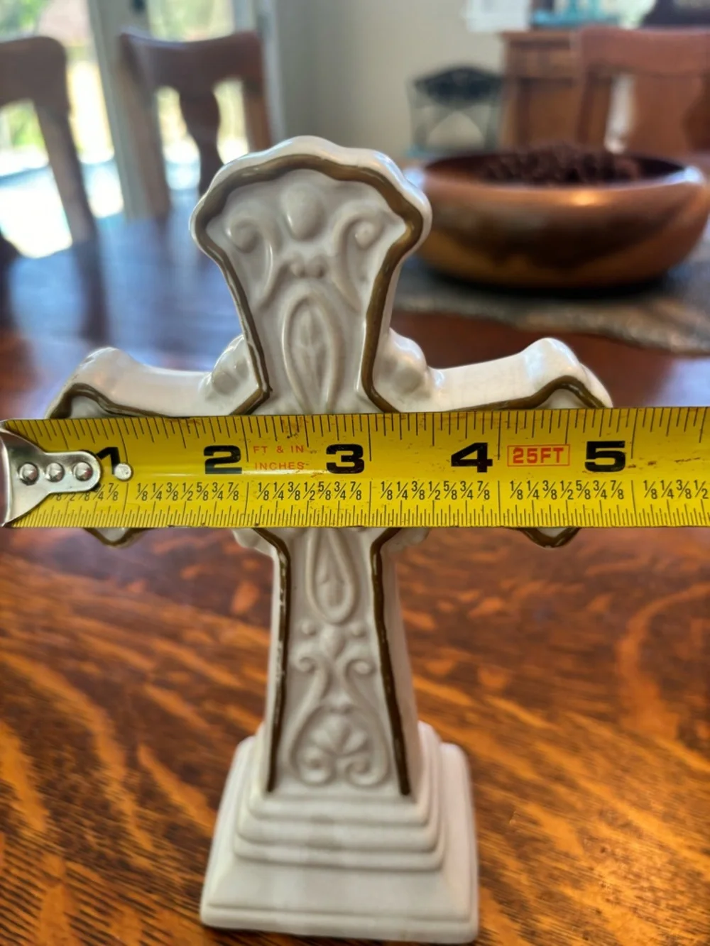 Decorative Ceramic Cross Figurine in Cream with Gold Trim